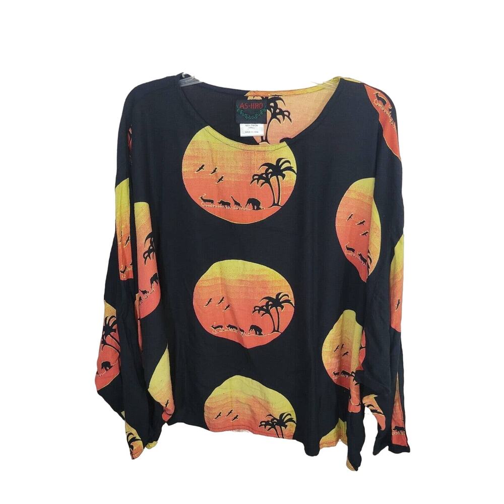 Ashro Black Sunset Safari Print Oversized Long Sleeve Casual Top Womens SZ Small